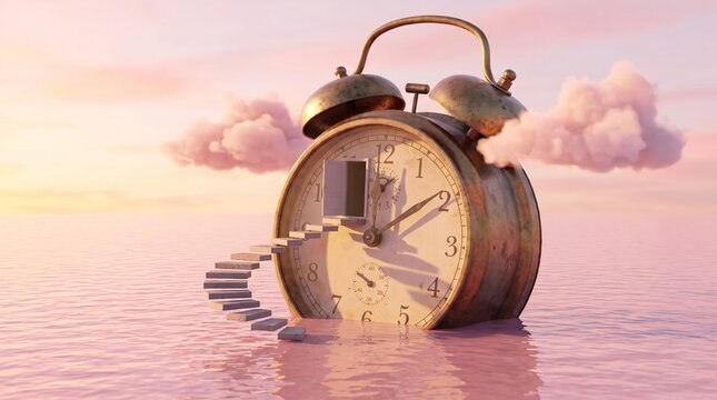 Surreal Dream Concept with Giant Clock in Pink Water and Stairs to Open Door