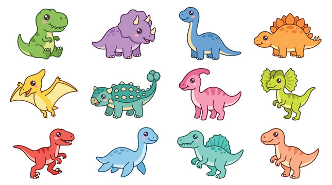 Colorful Cartoon Dinosaurs Illustration Set.