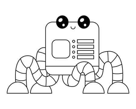 Coloring book for children with cute robot character. Black and white outline illustration in flat style for preschool and kindergarten kids. Fun printable worksheet for creative coloring