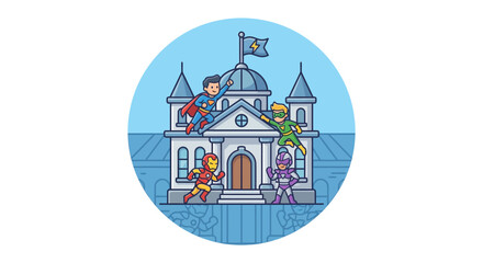 Naklejka premium Cartoon superhero characters standing in front of a blue castle.