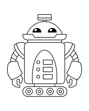 Coloring book for children with cute robot character. Black and white outline illustration in flat style for preschool and kindergarten kids. Fun printable worksheet for creative coloring