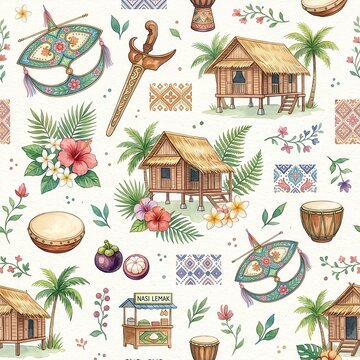 Malaysian cultural village house and traditional kite seamless pattern
