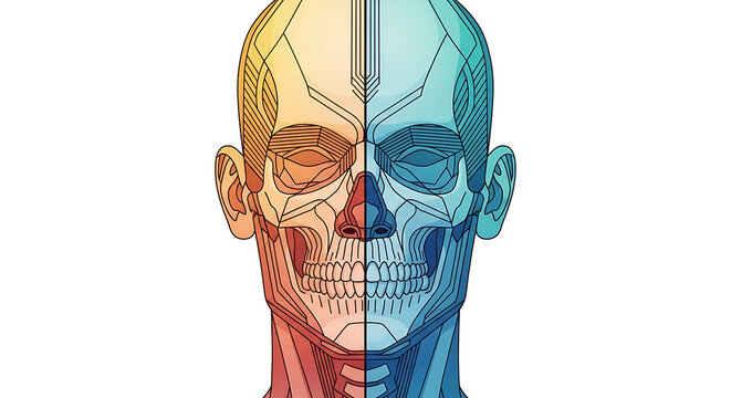 Human face split into colorful abstract halves