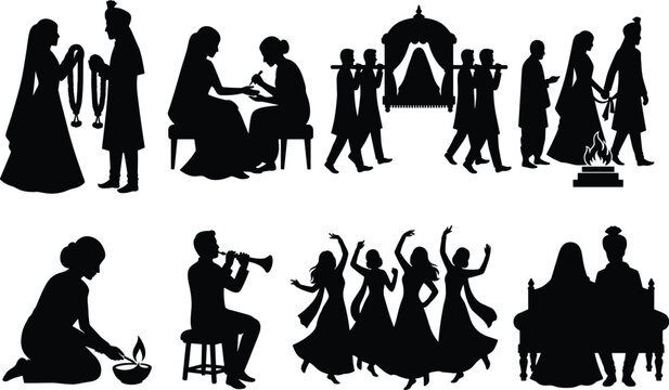 Indian wedding rituals silhouettes set featuring bride and groom, mehndi, palanquin, and phera ceremony