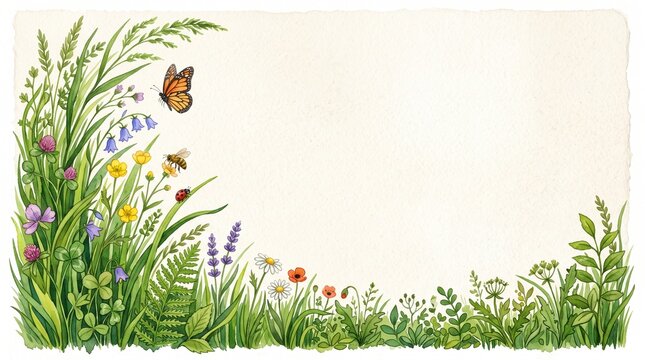 Hand-painted watercolor illustration of a lush wildflower meadow border featuring colorful wildflowers, tall green grasses, clover, ferns, a monarch butterfly, bees, and ladybug. 