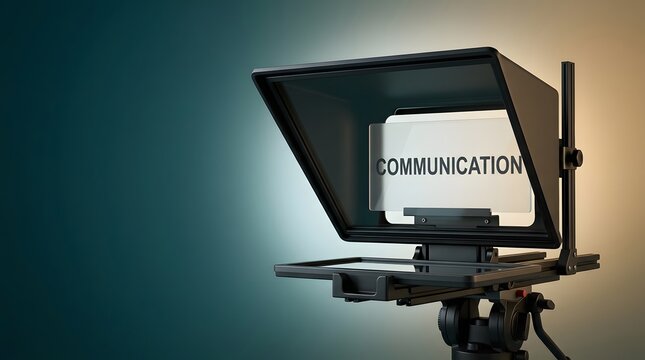Media, teleprompter and broadcast equipment with text for news, journalism and professional production. Studio, camera and autocue with glass for speaking, filming and digital reporting today.