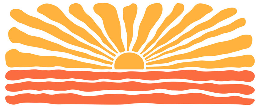 Sun and wave background, summer groovy pattern. Sunset over ocean bg. Retro boho yellow ray and line orange sea, color burst and beach hand drawn. Cartoon funky explosion. Abstract vector illustration
