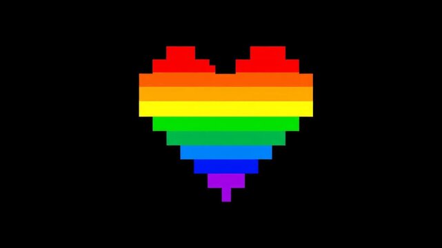 Pixelated Rainbow Heart on Black Background.