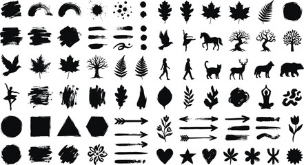 Obraz premium Large Collection of Black Silhouette Icons Featuring Nature, Animals, People, Shapes, and Artistic Brush Strokes