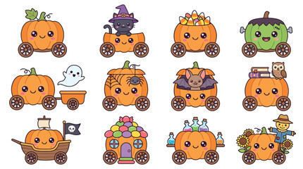 Naklejka premium Cute Halloween Themed Cartoon Vehicles Collection.