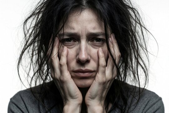 Desperate woman with messy hair cries, holds face in hands. Emotional portrait shows grief, loss, mental distress. Sad female person feels overwhelming pain, anxiety, depression. Lonely woman suffers