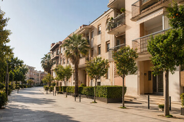 Naklejka premium Green residential avenue lined with cream apartment buildings