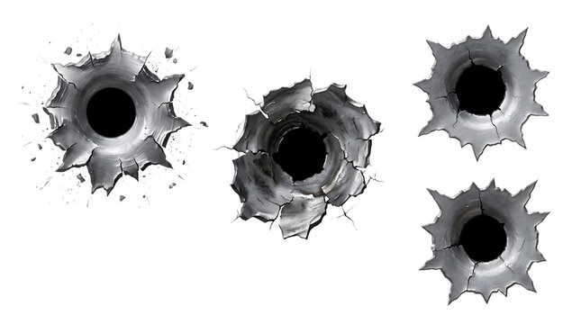 Three realistic metal bullet holes isolated on background isolated on transparent background
