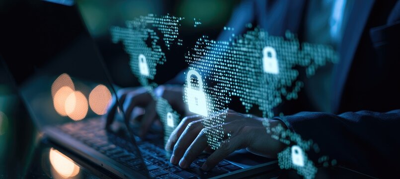 Global cyber security concept with digital world map and padlocks over hands typing on keyboard.