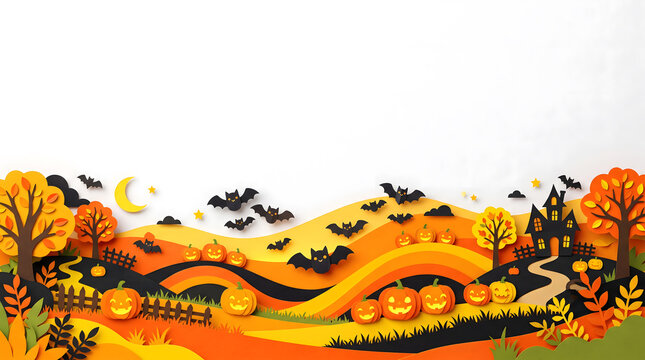 Spooky Paper Cut Halloween Landscape with Pumpkins and Bats