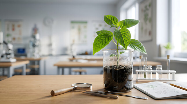 Green plant growing in a science lab beaker