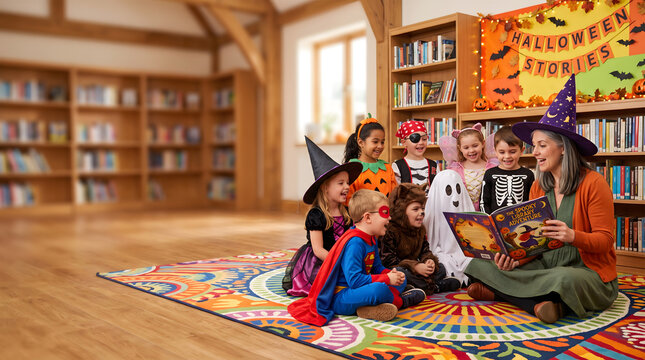 Diverse Children in Costumes Listening to Halloween Stories