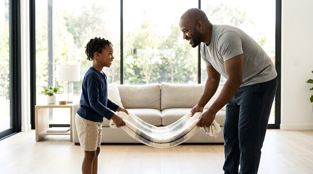 Father and son, blanket and living room for family bonding, chores and domestic lifestyle at home. Black man, child and housework with cooperation, helping and parenting together with a happy smile.