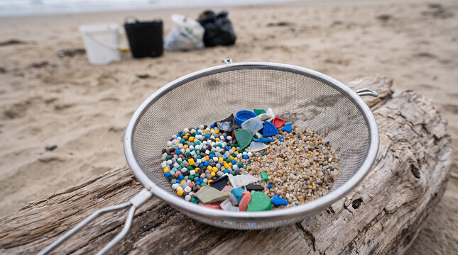 Collecting plastic pellets and debris from sand in a sieve on a beach, highlighting ocean pollution and cleanup efforts