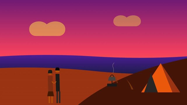 couple anime style romantic sunset shoreline camping scene looped landscape orange golden hour background animation 16to9 hd