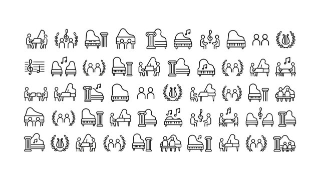 Collection of musical icons featuring pianos and various musical instruments with people