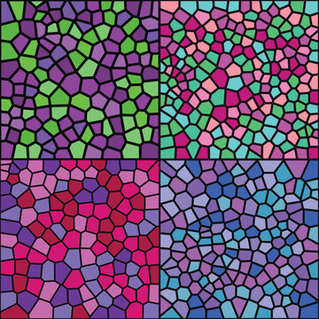 Four vibrant stained glass vector patterns featuring geometric mosaic tiles in bold color palettes