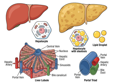 Liver anatomy with steatosis and healthy hepatocyte comparison illustration Vector