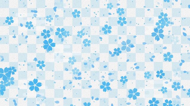 桜01 小 青 紙吹雪 青 下降 パターン01 エ霞 市松模様02 ループ （淡い青 背景）