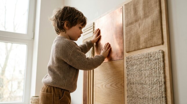 Toddler interacting with different materials on a montessori sensory wall, learning through tactile exploration and physical development