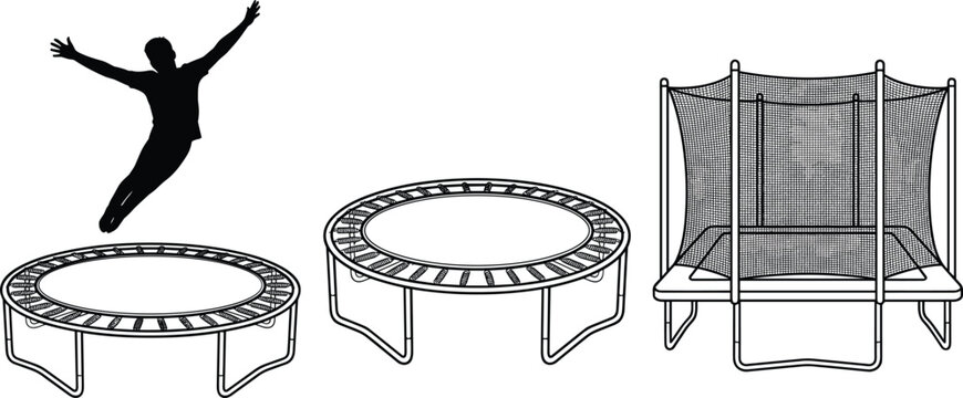 Set of trampoline line art icons with jumping man silhouette safety net outdoor fitness sports Equipment vector