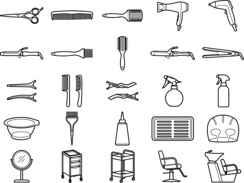 A collection of professional hairdressing tools and salon equipment are neatly arranged, showcasing essential items for hairstyling and beauty treatments.