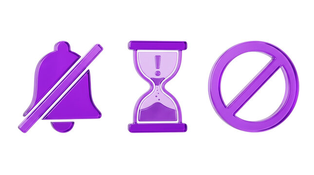Purple icons of notification bell hourglass and stop sign isolated on transparent background