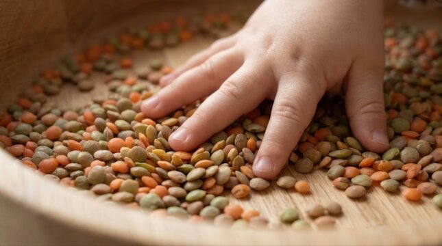 Toddler hand playing with green and orange lentils in a wooden bowl, stimulating fine motor skills and sensory exploration