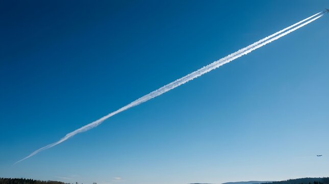 Commercial jet airplane contrails crossing clear blue sky aerial photography