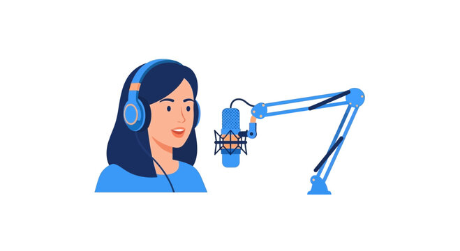 Woman Podcaster Vector Illustration: Female Host with Headphones and Professional Studio Microphone for Digital Media and Streaming Concepts