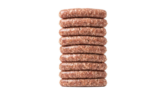 Stack of raw pork sausages isolated on transparent background