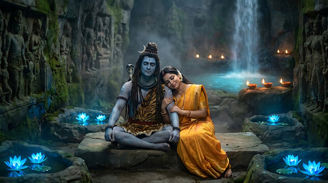 Lord shiva and goddess parvati in a serene divine cave setting with glowing lotus flowers