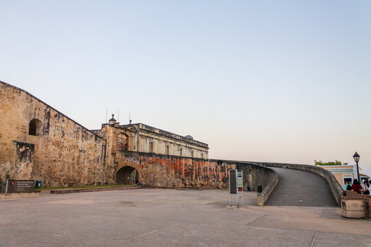 San Juan, San Juan, Puerto Rico - 22 March 2014: View of the historic stone walls and ramp of Castillo San Felipe del Morro in Viejo San Juan.