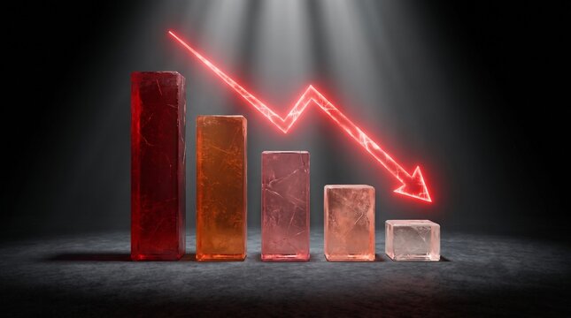 3D render of a descending red arrow over cracked glass bar charts. A powerful concept for economic recession, stock market crash, financial crisis, bankruptcy, and freezing market assets