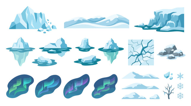 Arctic iceberg vector set, frozen glacier landscape elements, northern lights icons pack