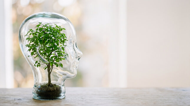 Abstract glass human head terrarium with green tree inside on wooden table, environmental mindset, mental growth and sustainability visual asset with copy space.