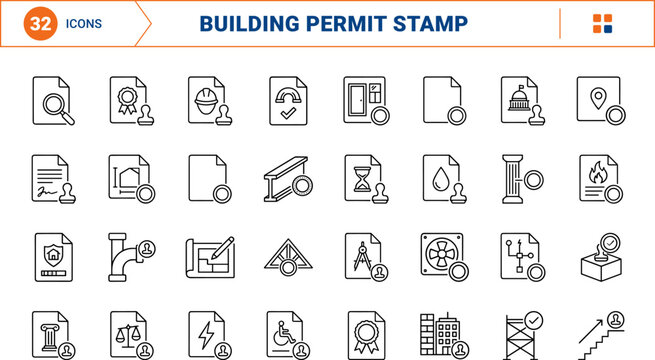 Building Permit Stamp line icon set. Vector pictograms of architecture, construction, engineering, and approval elements, thin linear illustration.
