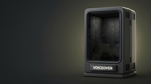 Voiceover booth, equipment and studio for podcast, radio recording and audio production. Soundproof box, workstation and professional gear in office for broadcasting, narration and media tools
