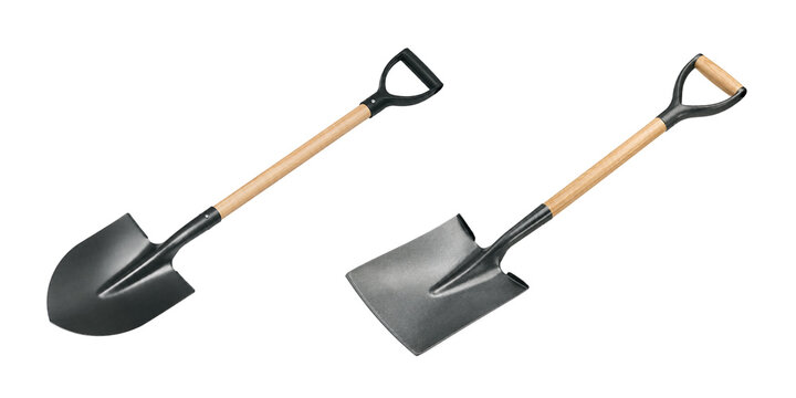 Two garden shovels with black steel blades and wooden handles isolated on a clean white background, featuring round point and square point designs for digging, planting, landscaping, and outdoor garde