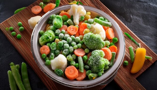 mixed frozen vegetables with textured vegetable background