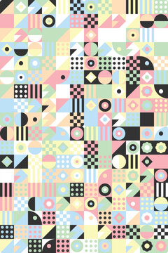 Abstract Geometric Seamless Mosaic Pattern Background in Soft Pastel Blue, Pink, Yellow, Mint Green, and Black Color Palette