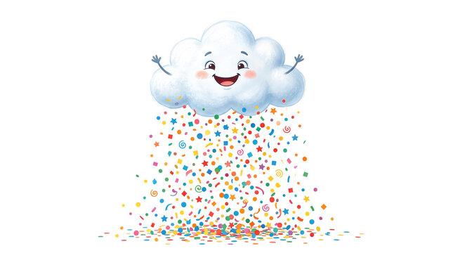 Cheerful cartoon cloud raining colorful confetti, happy weather character with rainbow sprinkles, whimsical party cloud illustration isolated PNG with Transparent Background