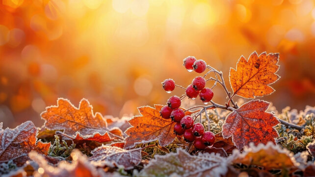 Frosted Autumn Berries and Fallen Leaves with Morning Frost in Golden Sunlight