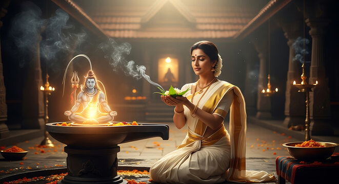A devout woman offering prayers to lord shiva in a traditional temple setting
