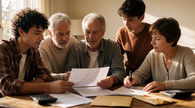 Multi generational family reviews important papers at wooden table. Grandparents, adult parents, teenagers discuss finance documents, bills budget plans together. Group uses calculator, pens for home